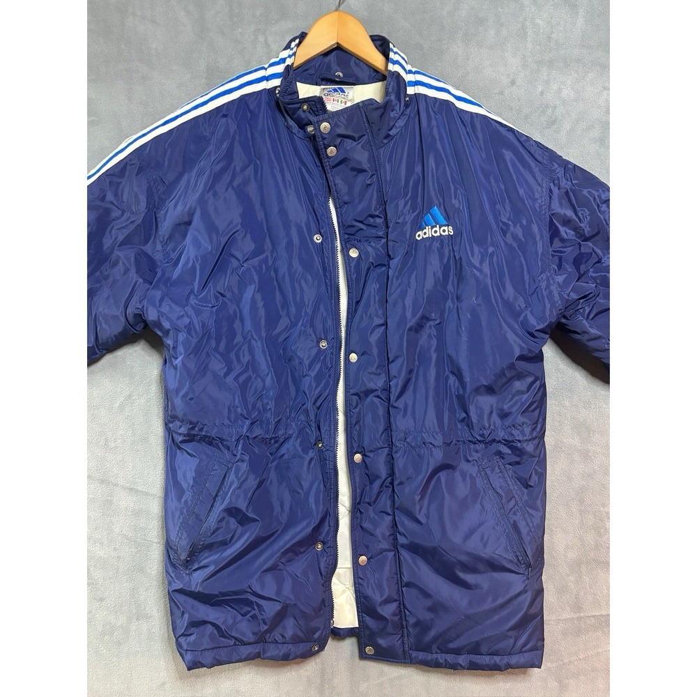 VTG Adidas Jacket Mens Med Navy Blue Longline Puffer Coat Striped Sleeve Snaps